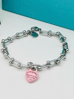 Stainless steel Silver-Tone Chain Link Pink Heart Tag Bracelet